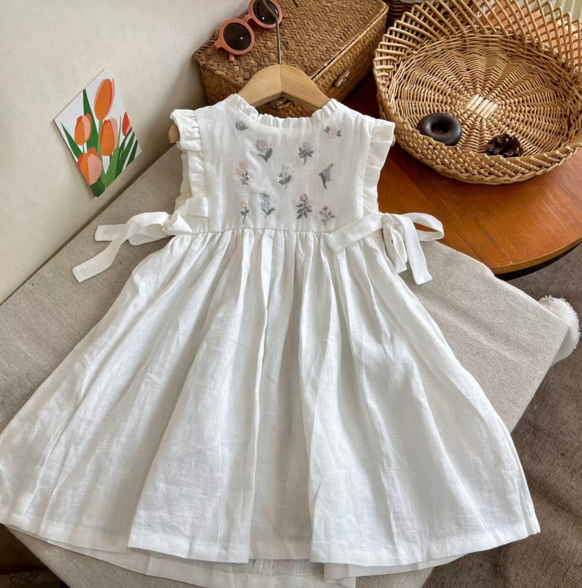 Girls Pure Linen Embroidered Floral Dress