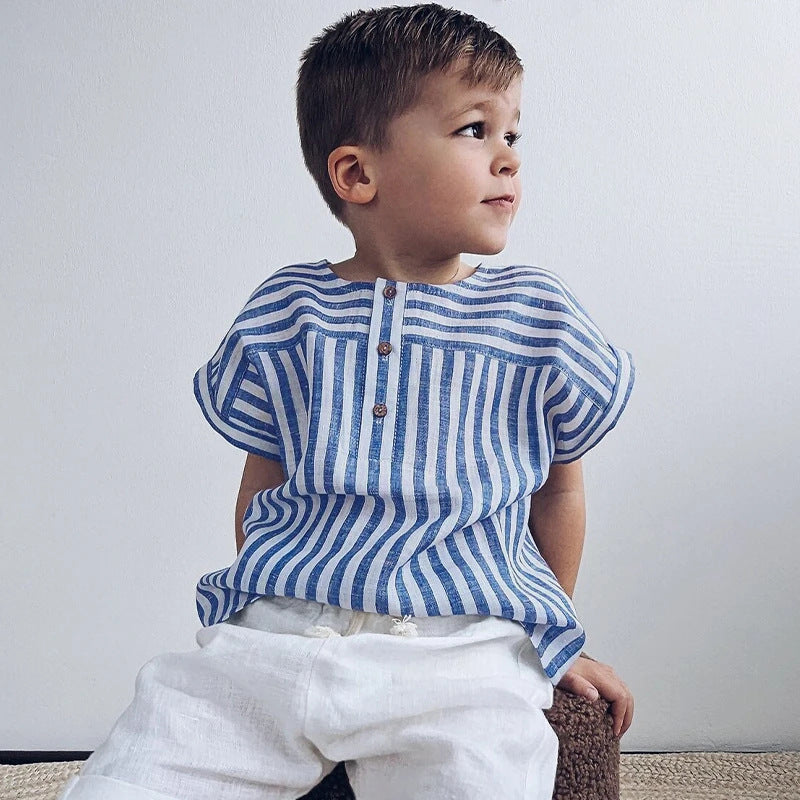 Kids Linen Cotton T-Shirt - Striped Summer Top for Boys & Girls