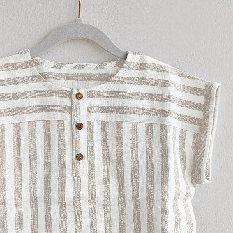 Kids Linen Cotton T-Shirt - Striped Summer Top for Boys & Girls