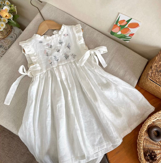 Girls Pure Linen Embroidered Floral Dress