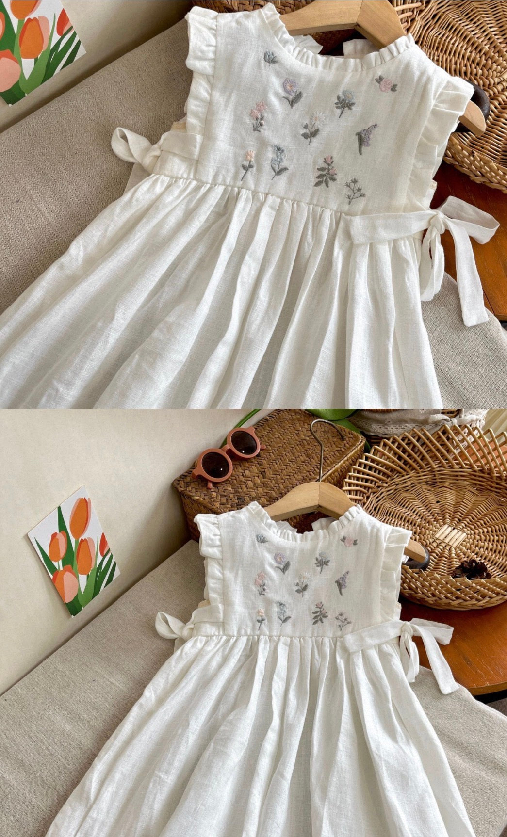 Girls Pure Linen Embroidered Floral Dress