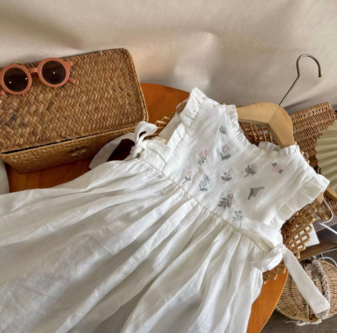 Girls Pure Linen Embroidered Floral Dress