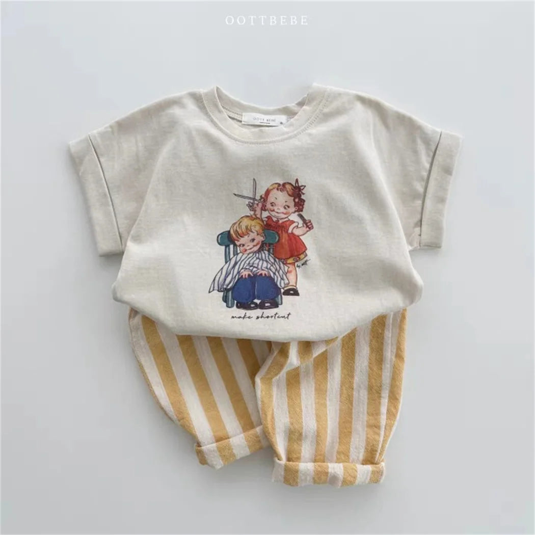 Sajo™ Kids Vintage Linen Stripe Trousers – Casual Elasticated Waist Pants