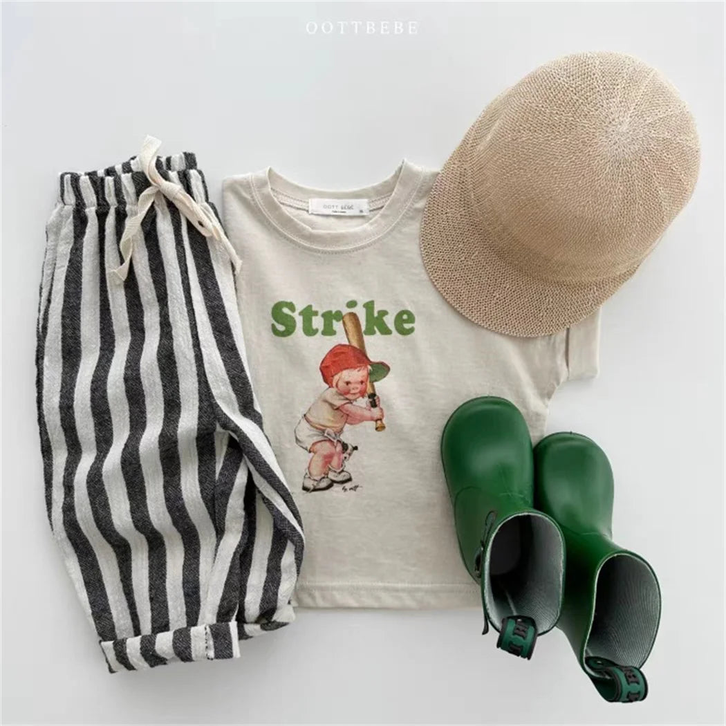 Sajo™ Kids Vintage Linen Stripe Trousers – Casual Elasticated Waist Pants