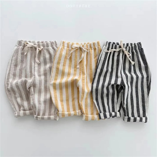 Sajo™ Kids Vintage Linen Stripe Trousers – Casual Elasticated Waist Pants