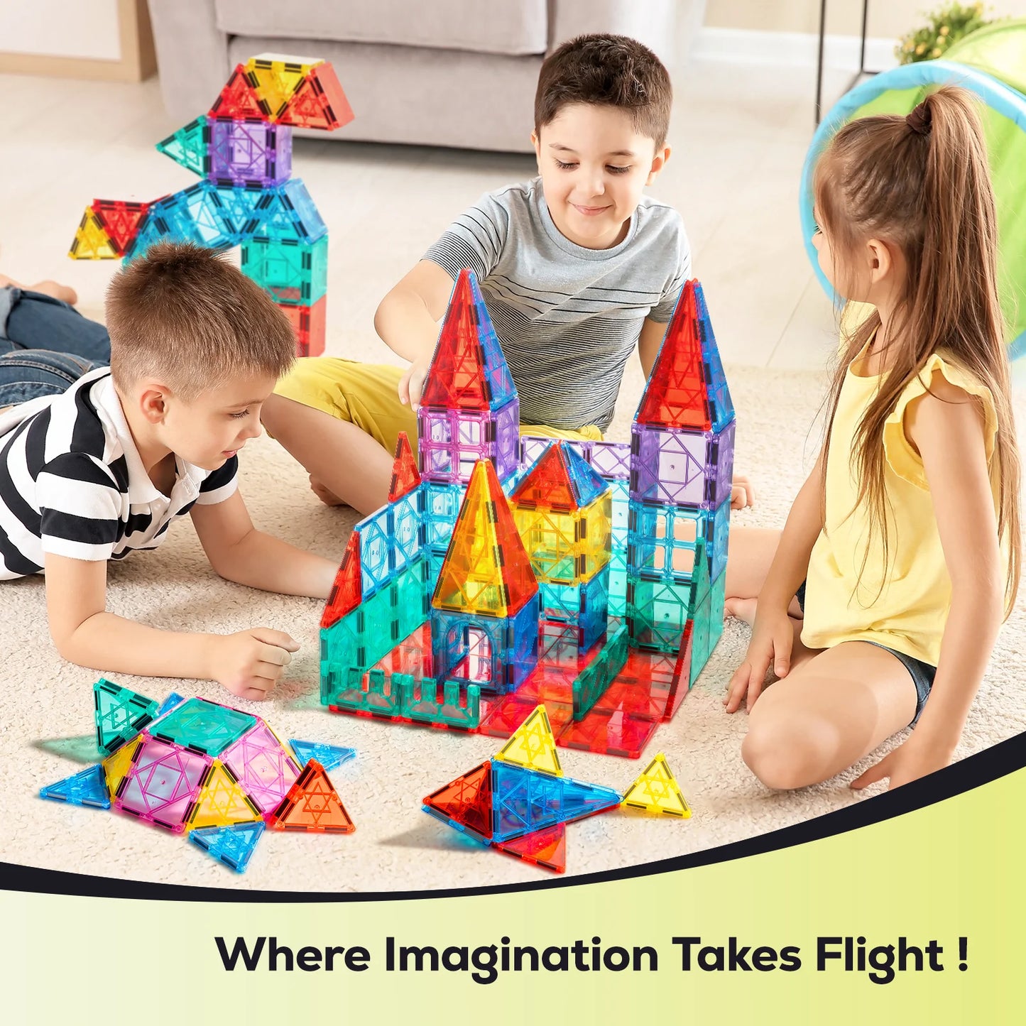 Sajo™ 52-Piece Magnetic Tiles Set – 3D Building Blocks for Kids