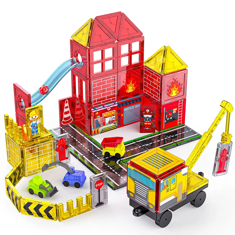 Sajo™ Firefighting Magnetic Tiles Set with Fire Truck & Station