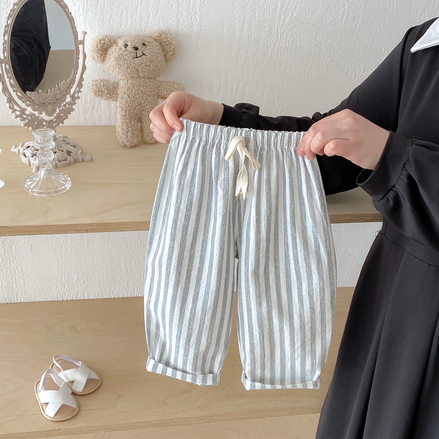 Sajo™ Kids Vintage Linen Stripe Trousers – Casual Elasticated Waist Pants