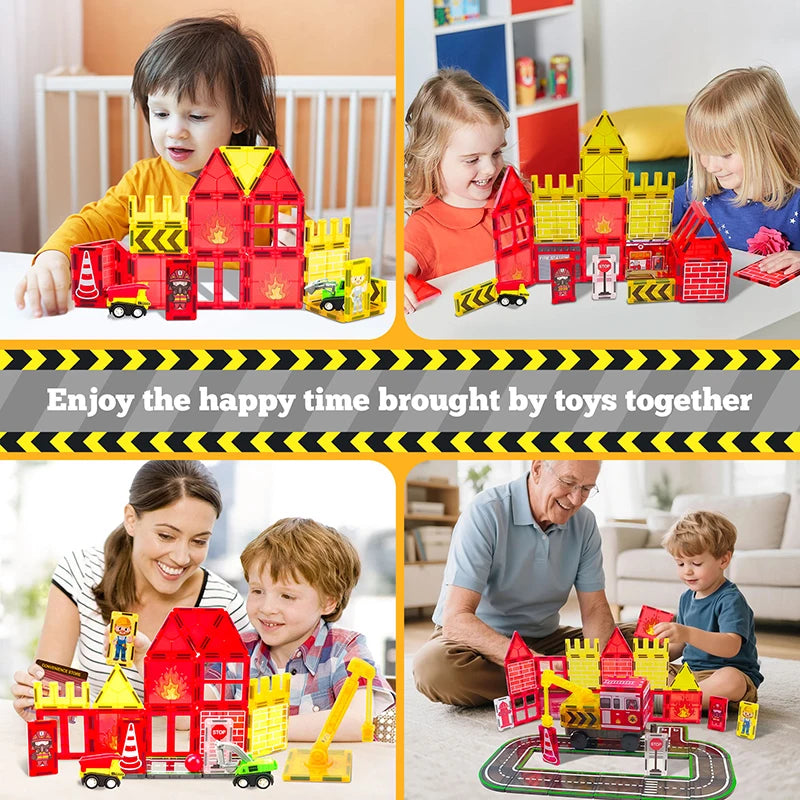 Sajo™ Firefighting Magnetic Tiles Set with Fire Truck & Station