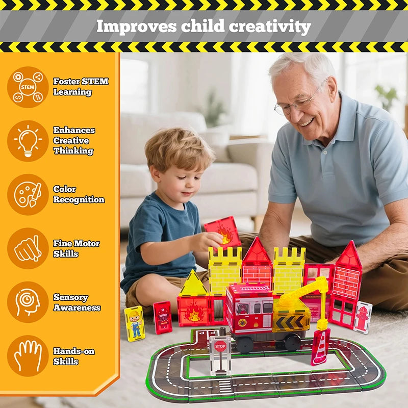 Sajo™ Firefighting Magnetic Tiles Set with Fire Truck & Station