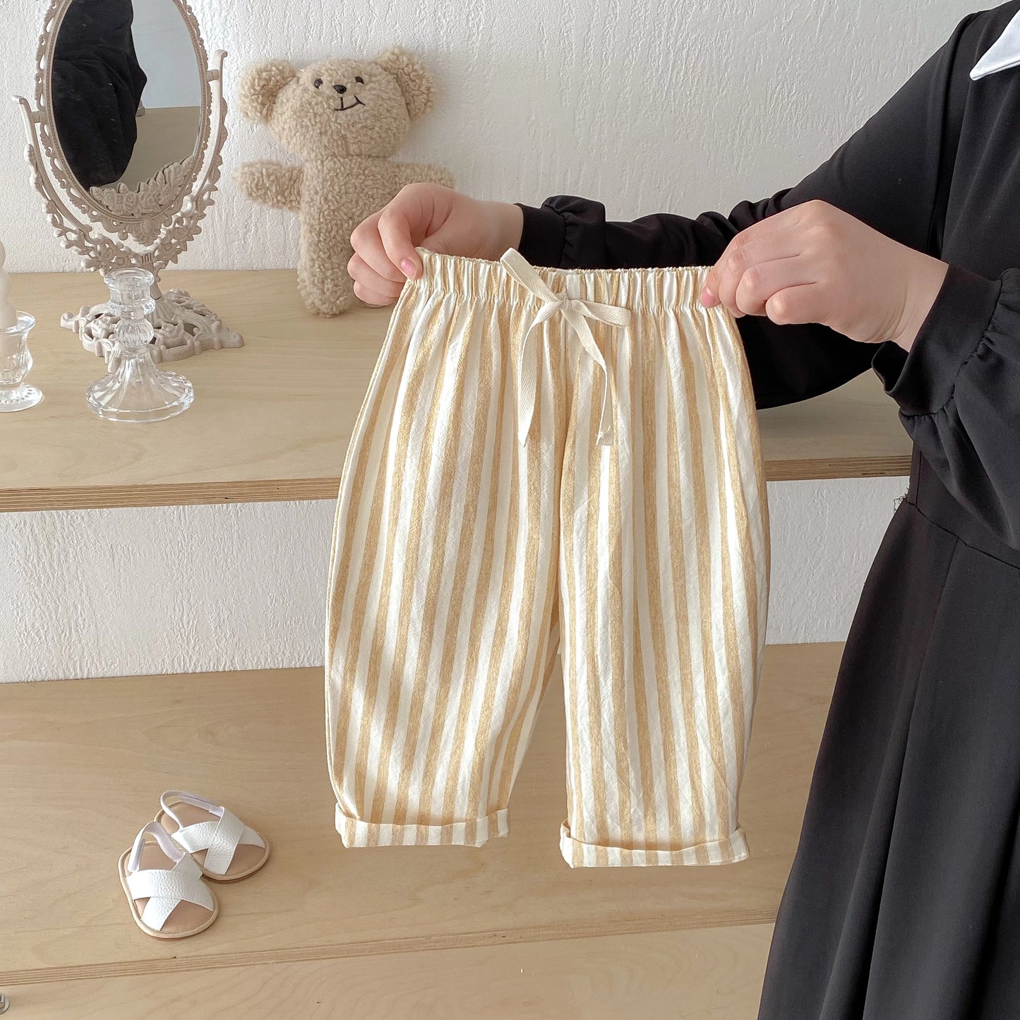 Sajo™ Kids Vintage Linen Stripe Trousers – Casual Elasticated Waist Pants