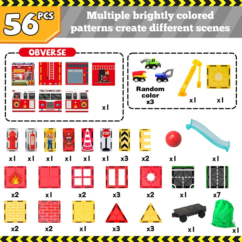 Sajo™ Firefighting Magnetic Tiles Set with Fire Truck & Station
