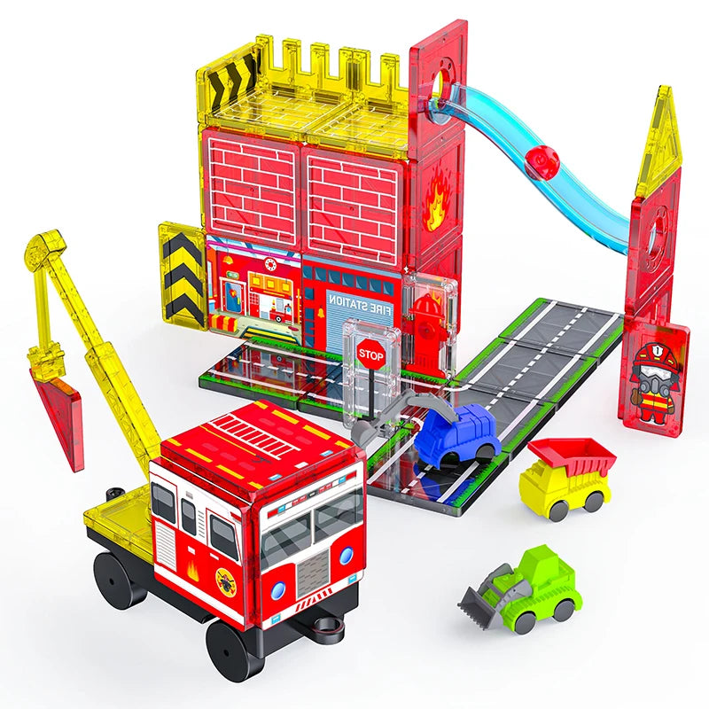 Sajo™ Firefighting Magnetic Tiles Set with Fire Truck & Station