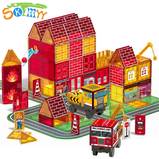 Sajo™ Firefighting Magnetic Tiles Set with Fire Truck & Station