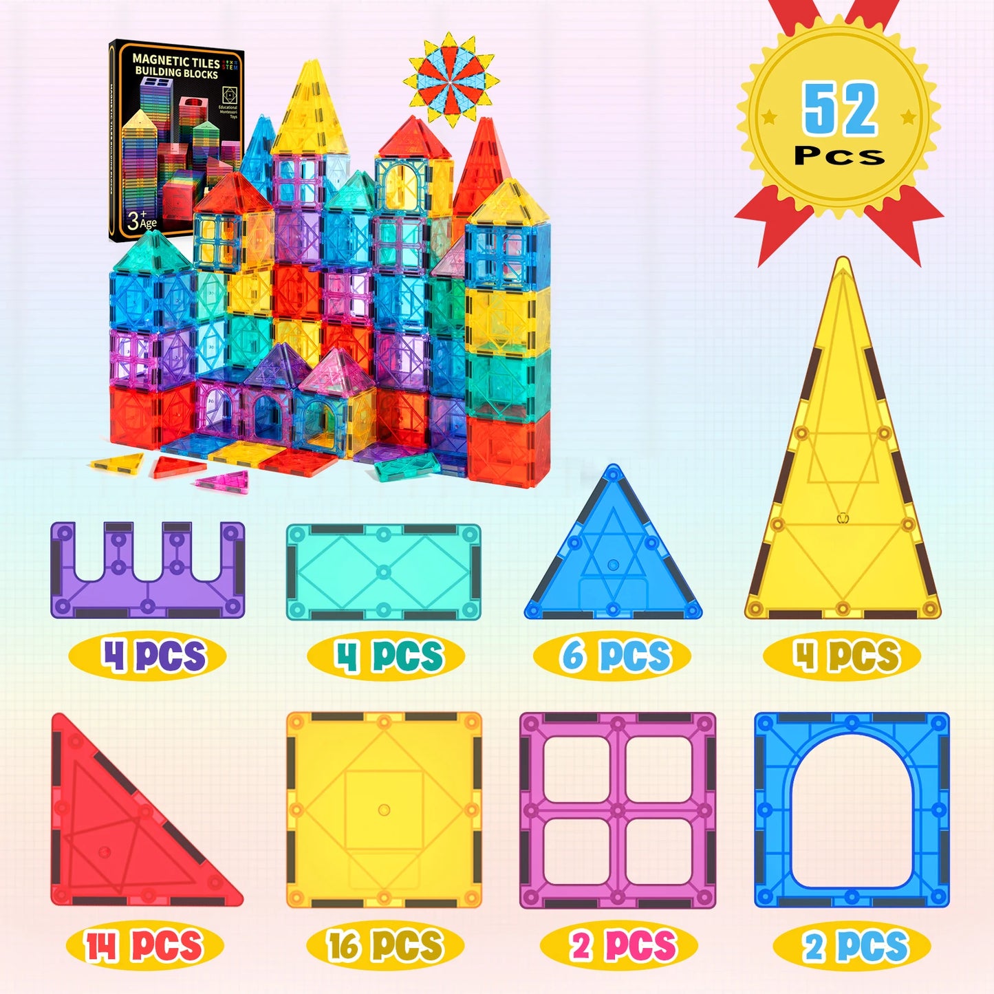 Sajo™ 52-Piece Magnetic Tiles Set – 3D Building Blocks for Kids