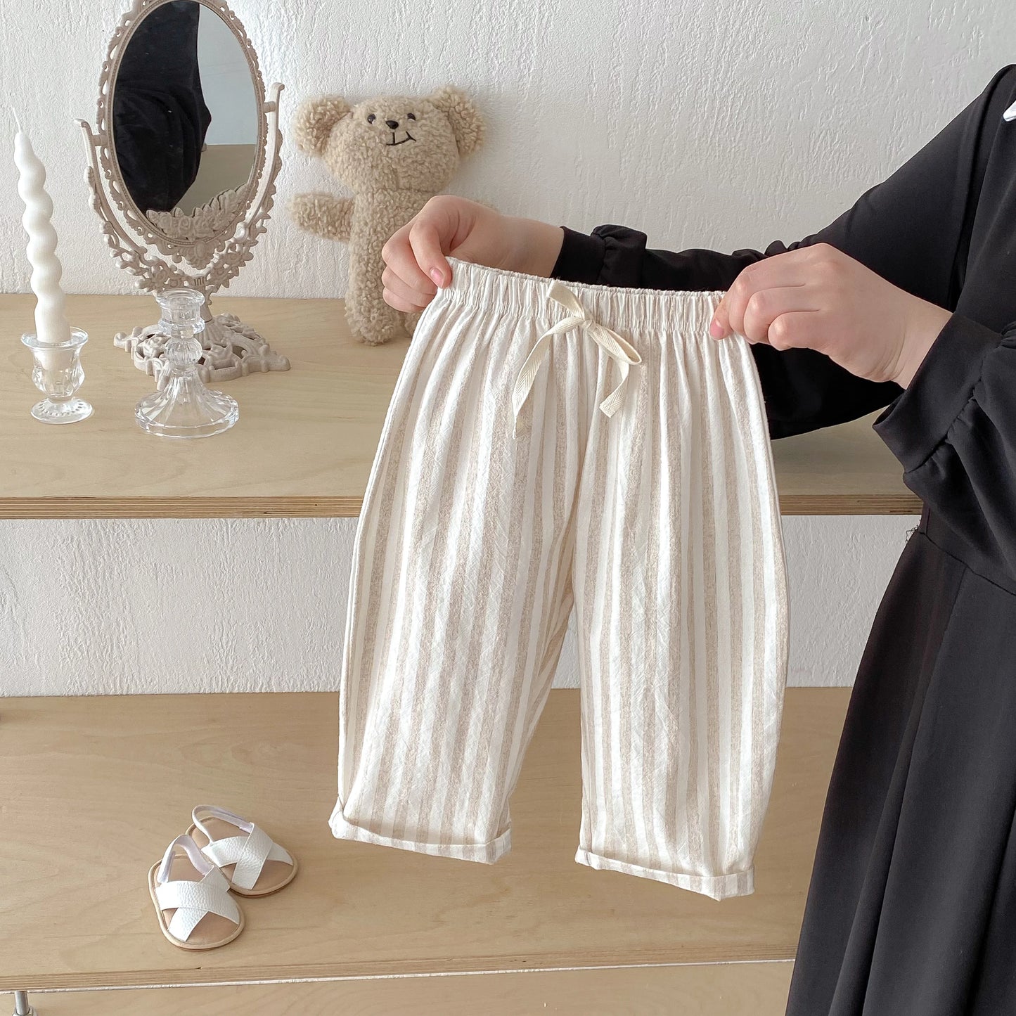 Sajo™ Kids Vintage Linen Stripe Trousers – Casual Elasticated Waist Pants