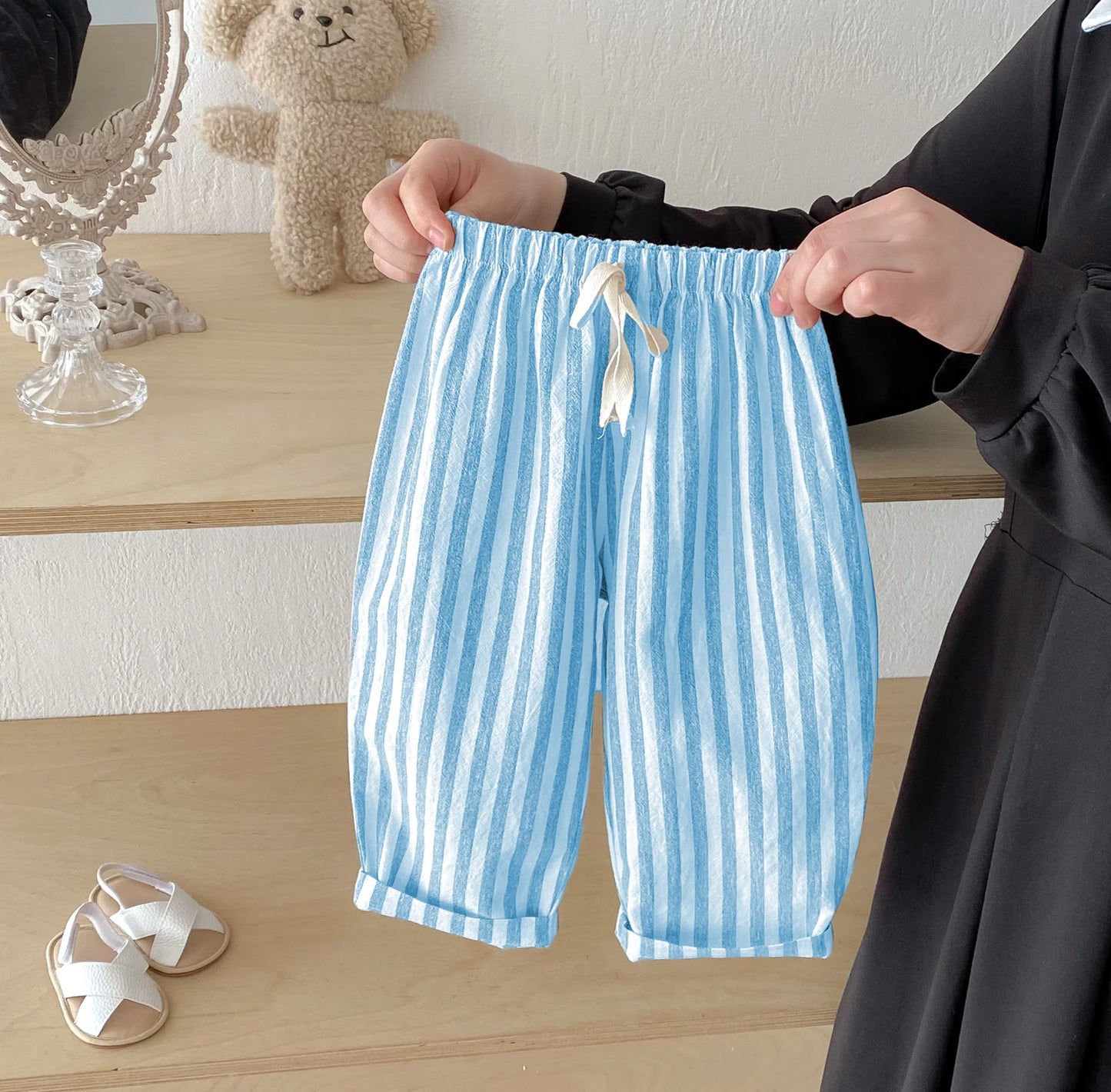 Sajo™ Kids Vintage Linen Stripe Trousers – Casual Elasticated Waist Pants