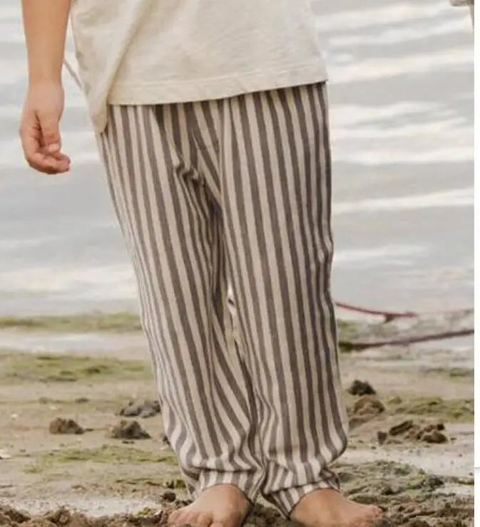 Sajo™ Kids Vintage Linen Stripe Trousers – Casual Elasticated Waist Pants
