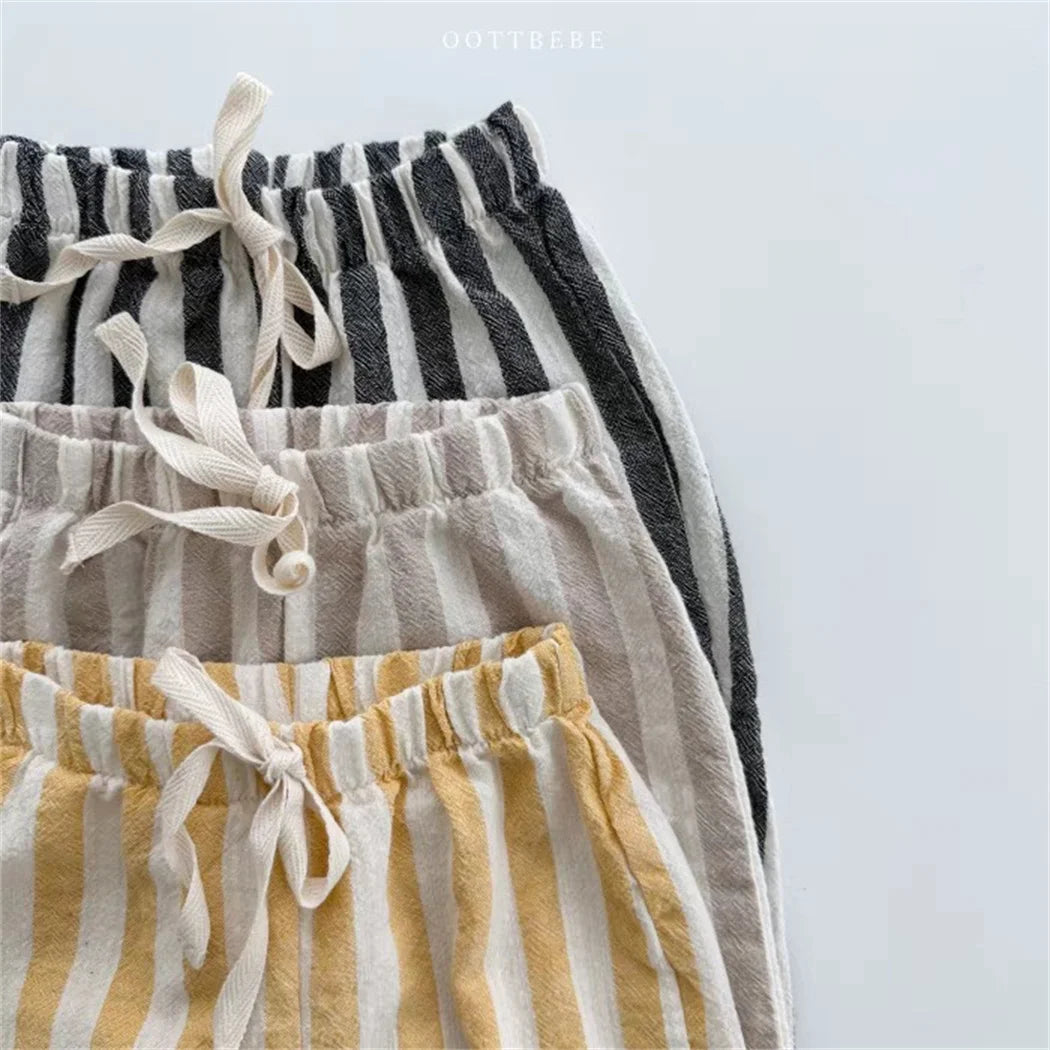 Sajo™ Kids Vintage Linen Stripe Trousers – Casual Elasticated Waist Pants