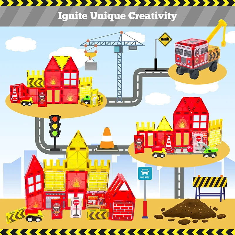 Sajo™ Firefighting Magnetic Tiles Set with Fire Truck & Station