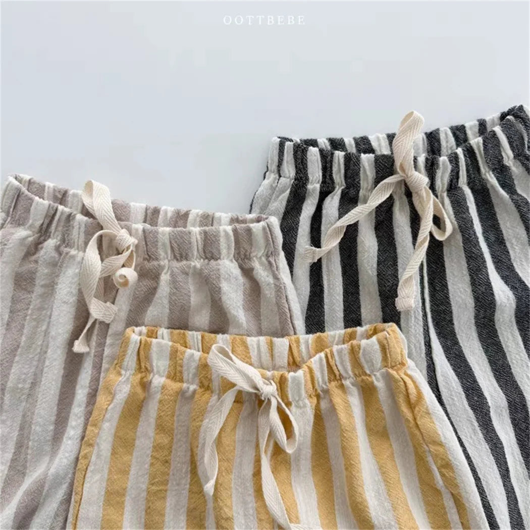 Sajo™ Kids Vintage Linen Stripe Trousers – Casual Elasticated Waist Pants