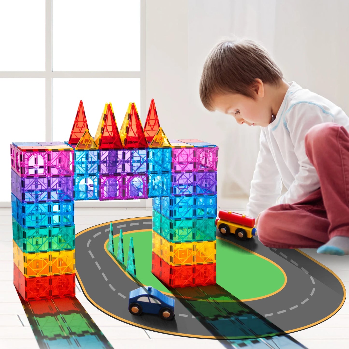 Sajo™ 52-Piece Magnetic Tiles Set – 3D Building Blocks for Kids
