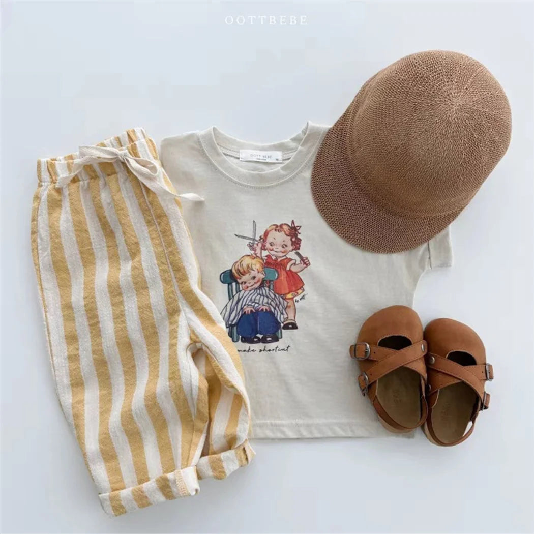 Sajo™ Kids Vintage Linen Stripe Trousers – Casual Elasticated Waist Pants