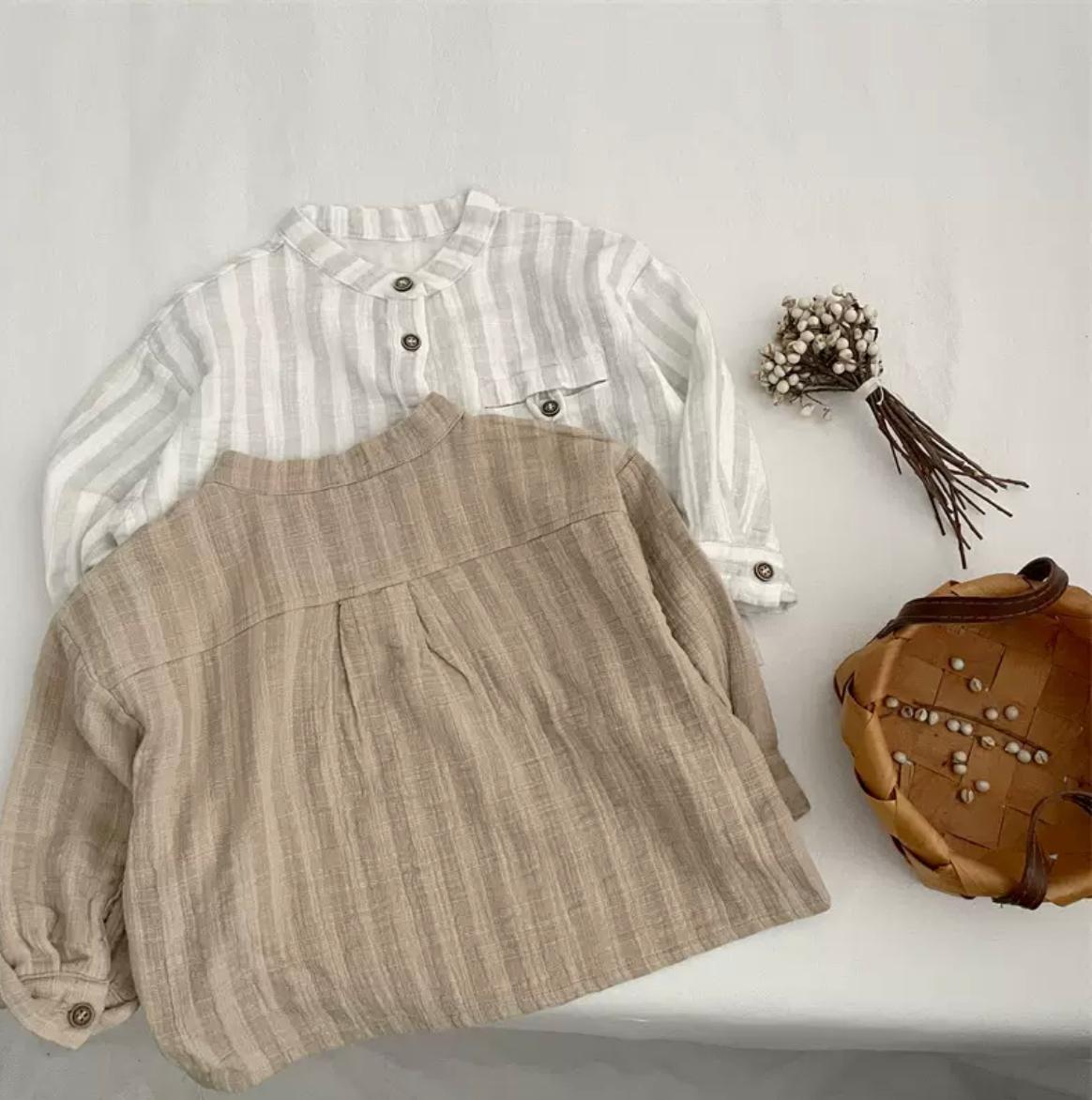 Boys Japanese Style Striped Shirt - Double Layer Cotton Long Sleeve Top