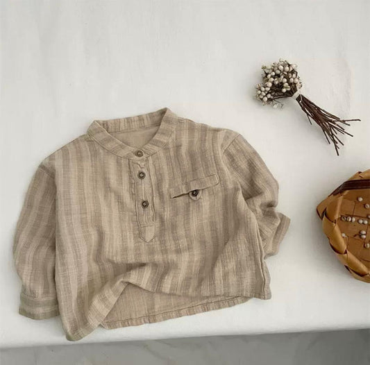 Boys Japanese Style Striped Shirt - Double Layer Cotton Long Sleeve Top