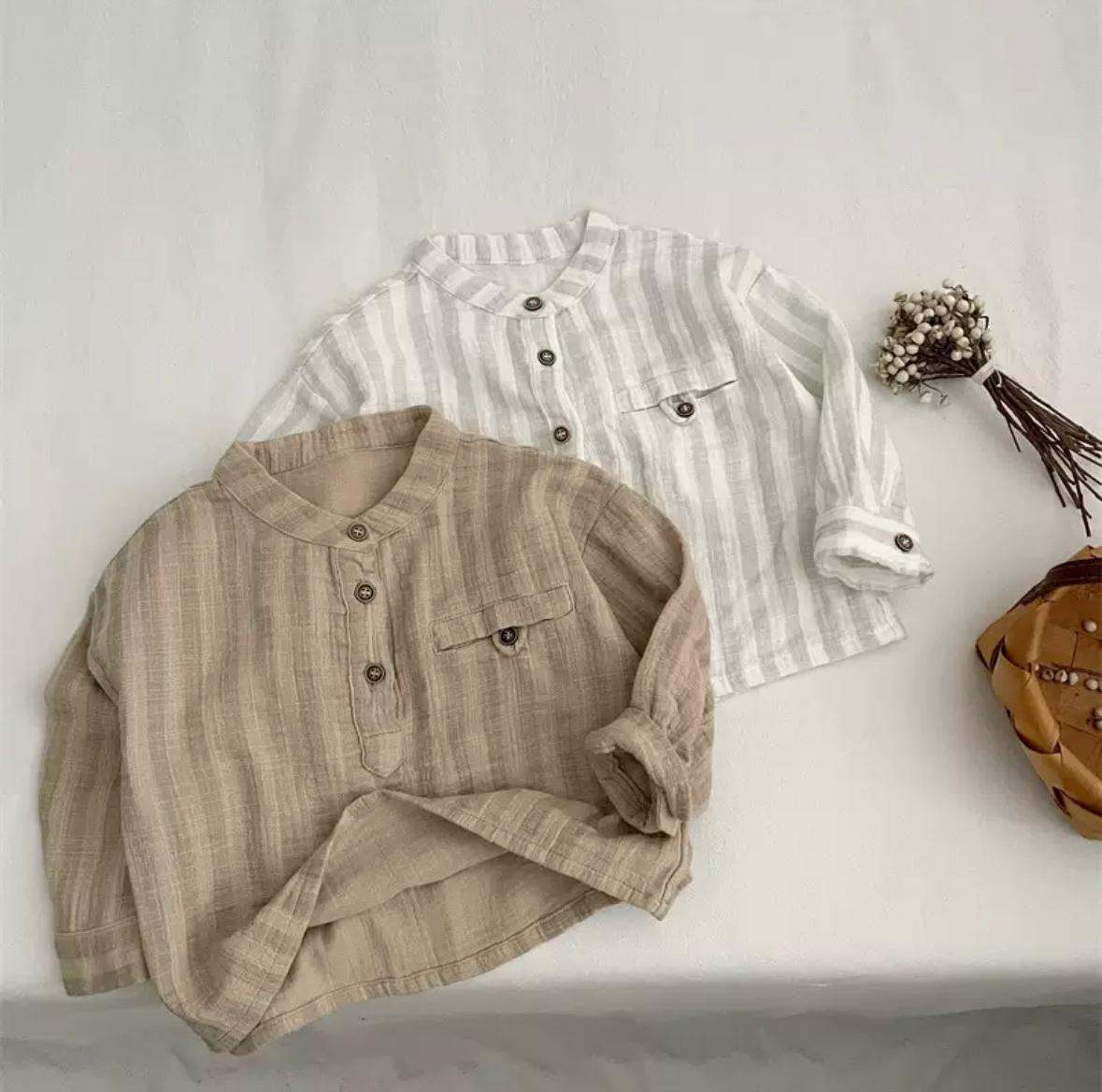 Boys Japanese Style Striped Shirt - Double Layer Cotton Long Sleeve Top