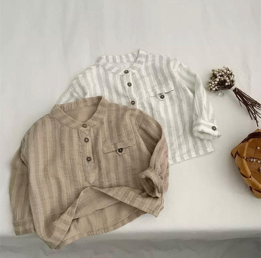 Boys Japanese Style Striped Shirt - Double Layer Cotton Long Sleeve Top