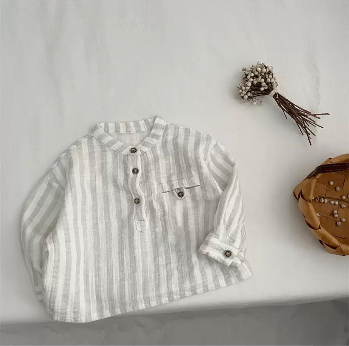 Boys Japanese Style Striped Shirt - Double Layer Cotton Long Sleeve Top