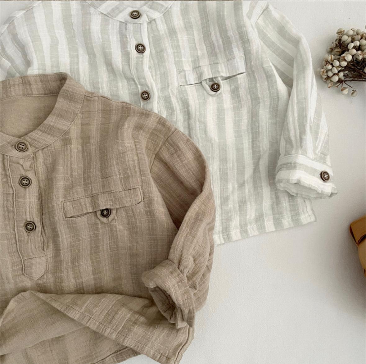 Boys Japanese Style Striped Shirt - Double Layer Cotton Long Sleeve Top